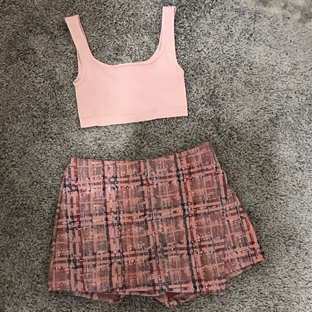 Pink Crop Top and Plaid Skort Set